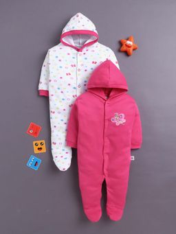 Bumzee - Pink and White Baby Girls Full Sleeves Hooded Sleepsuit (Pack of 2)