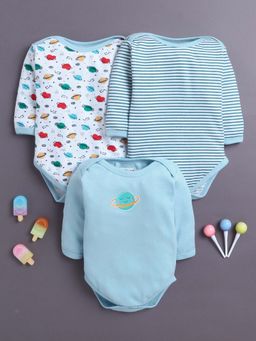 Bumzee - Sky Blue and White Baby Boys Full Sleeves Cotton Bodysuit / Onesies (Pack of 3)
