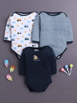 Bumzee - Navy and White Baby Boys Full Sleeves Cotton Bodysuit / Onesies (Pack of 3)