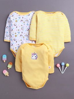 Bumzee - Yellow and White Baby Girls Full Sleeves Cotton Bodysuit / Onesies (Pack of 3)