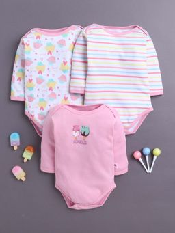 Bumzee - Pink and White Baby Girls Full Sleeves Cotton Bodysuit / Onesies (Pack of 3)