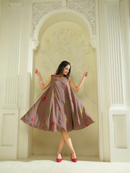 Thread Game - Anvyaa-Bamboo Fabric Terracotta Mosaic Flare Midi Dress