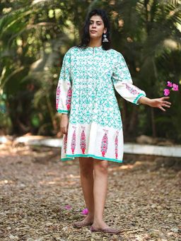 Chidiyaa - Petuniaas Poise Teal Green Block Printed Cotton Dress