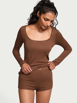 Victoria's Secret - Ribbed Modal Scoop Long-Sleeve Top With Shortie Brown (Set of 2)