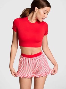 Victoria's Secret - PINK Festive Flannel Velvet-Trim Boxy Shorts Red
