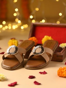 ROCIA - Beige Women Stylish Flats with Gold Fitting