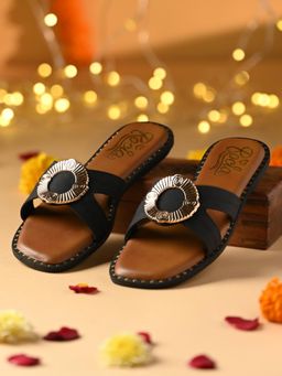 ROCIA - Black Women Stylish Flats with Gold Fitting