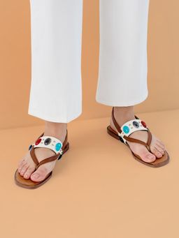 ROCIA - White Women Casual Beaded Flat Sandals