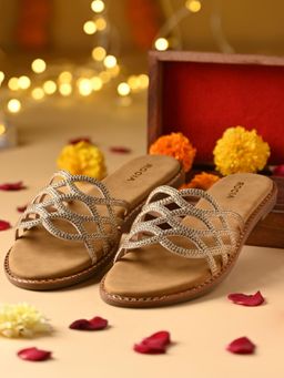 ROCIA - Antique Gold Women Diamond Embellished Criss Cross Flats