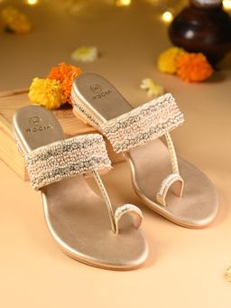 ROCIA - Gold Women One Toe Hand Embroidered Small Embellished Sandals