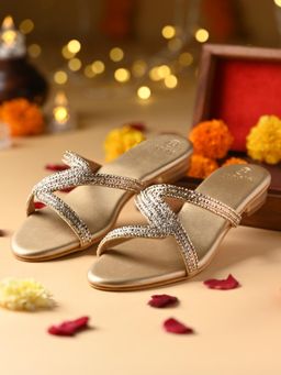 ROCIA - Gold Women Hand Embroidered Zig-Zag Sandals