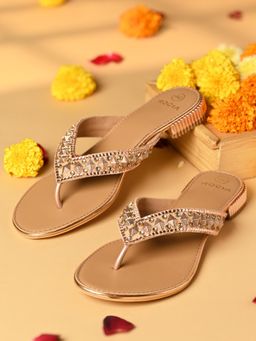 ROCIA - Rose Gold Women Embroidered Thong Flats