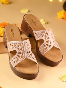 ROCIA - Rose Gold Women Diamond Embellished H Block Sandal Heels