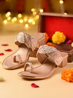 ROCIA - Rose Gold Women One Toe Embroidered Block Sandal Heels