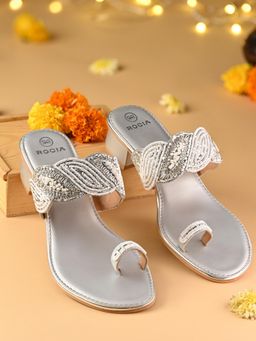 ROCIA - Silver Women One Toe Embroidered Block Sandal Heels