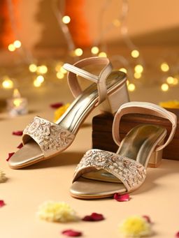ROCIA - Gold Women Hand Embroidered Block Sandal Heels