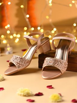 ROCIA - Rose Gold Women Hand Embroidered Block Sandal Heels