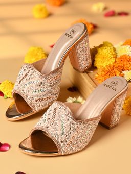 ROCIA - Rose Gold Women Heavy Embroidered High Block Sandal Heels