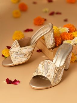 ROCIA - Gold Women Hand Embroidered High Block Sandal Heels