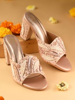 ROCIA - Rose Gold Women Hand Embroidered High Block Sandal Heels