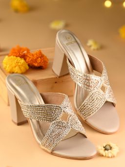 ROCIA - Gold Women Heavy Embroidered Block Sandal Heels