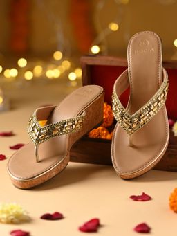 ROCIA - Gold Women Cork Covered Embroidered Wedges Heels