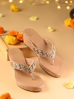 ROCIA - Rose Gold Women Cork Covered Embroidered Wedges Heels