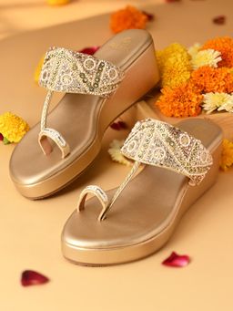 ROCIA - Gold Women One Toe Embroidered Wedges Heels
