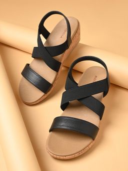 ROCIA - Black Women Cork Covered Casual Wedges Heels