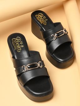 ROCIA - Black Women Smart Buckled Casual Wedges Heels