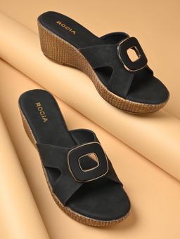 ROCIA - Black Women Smart Buckled Casual Wedges Heels