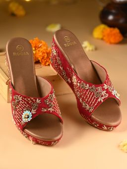 ROCIA - Maroon Women Heavy Embroidered Velvet Wedges Heels