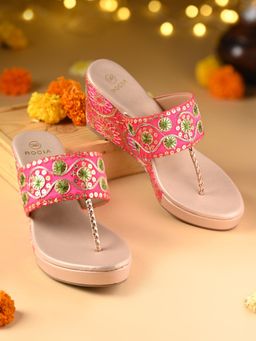 ROCIA - Pink Women Ethnic Lace Wedges Heels