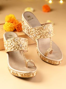 ROCIA - Gold Women Heavy Embroidered One Toe Wedges Heels