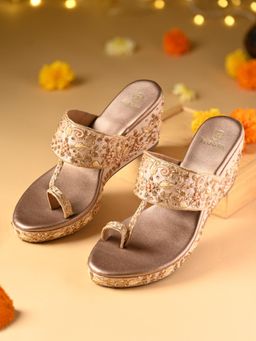 ROCIA - Rose Gold Women Heavy Embroidered One Toe Wedges Heels