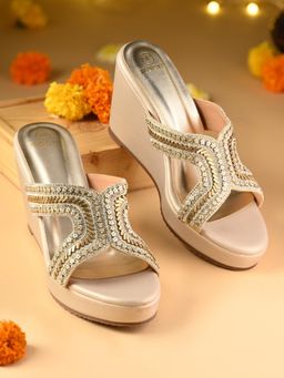 ROCIA - Gold Women H Embroidered High Fancy Wedges Heels
