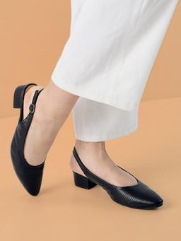 ROCIA - Black Women Textured Pu Sling Back Sandal Heels