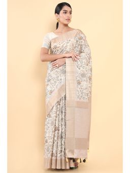 Soch - Women White Silk Printed Saree with Unstitched Blouse