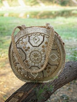 Anekaant - Sisal Gold and Beige Embellished Jute Tote Bag