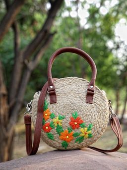 Anekaant - Sisal Beige and Multi Floral Embroidered Jute and Vegan Leather Hand Bag