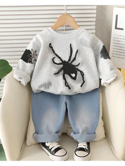Googo Gaaga - Boys Grey-Blue Cotton Printed Sweatshirt with Jeans