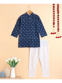 The Magic Wand - Boys Navy Blue Cotton Geometric Printed Kurta with Pyjama