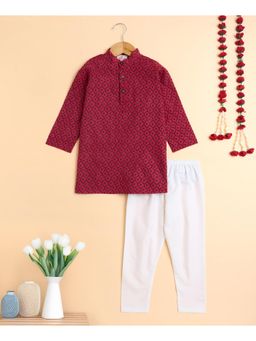 The Magic Wand - Boys Maroon Cotton Block Printed Kurta with Pyjama