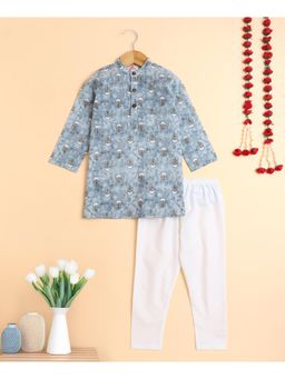 The Magic Wand - Boys Grey Cotton Floral Printed Kurta with Pyjama