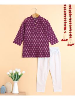 The Magic Wand - Boys Purple Cotton Floral Printed Kurta with Pyjama