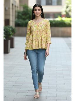 Rajnandini - Womens Yellow Pure Cotton Jaipuri Printed Tunic