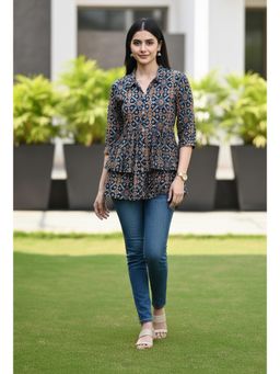 Rajnandini - Womens Navy Blue Cotton Jaipuri Printed Tunic