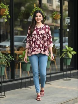 Rajnandini - Womens Wine Pure Cotton Jaipuri Printed Tunic