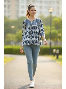 Rajnandini - Womens Navy Blue Pure Cotton Jaipuri Printed Tunic