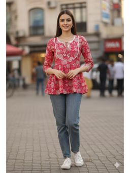 Rajnandini - Womens Pink and White Pure Cotton Jaipuri Printed Tunic